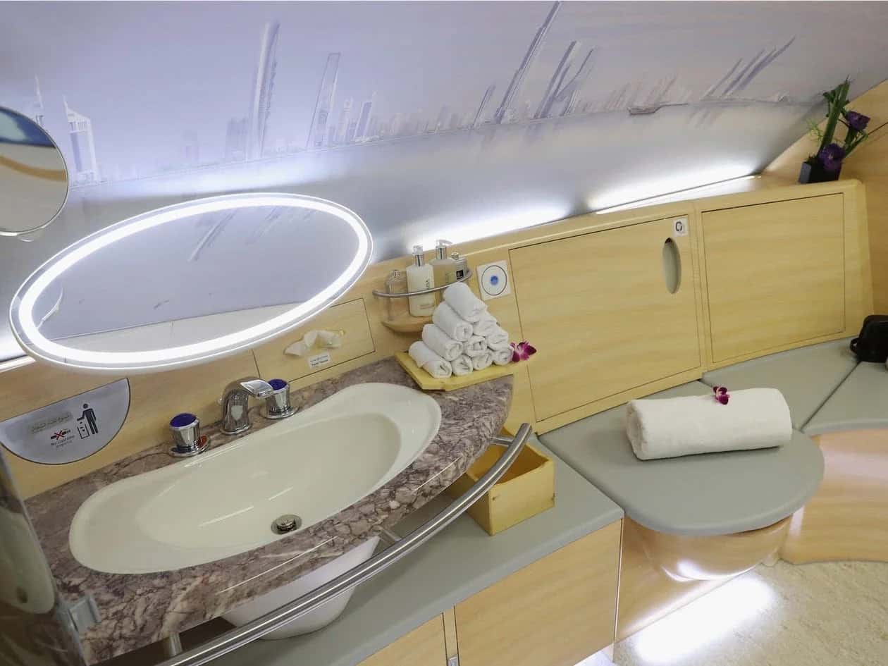 The first-class washroom on an Emirates A380